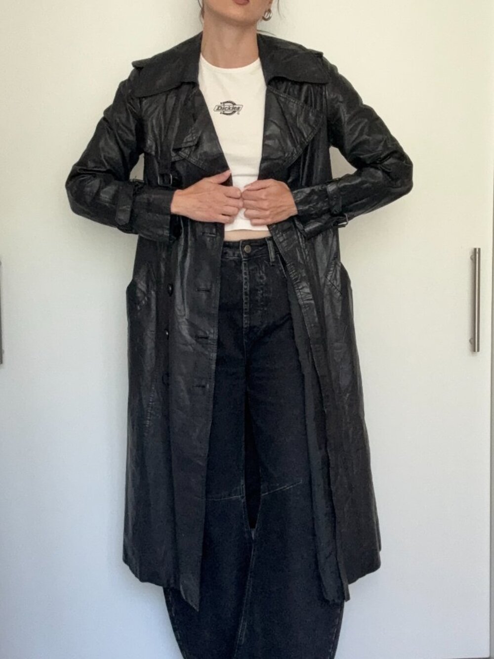 Vintage Longline Black Leather Trench Coat